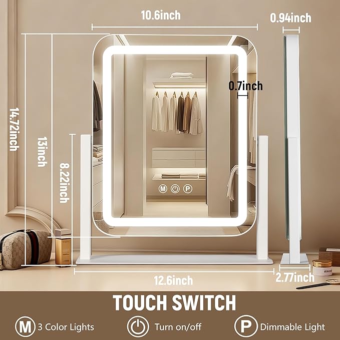 Vanity Mirror with Lights 15"×13", Led Makeup Mirror, Lighted Makeup Mirror with 3 Color Dimmable Lights, Smart Touch Screen Control, 360°Rotation