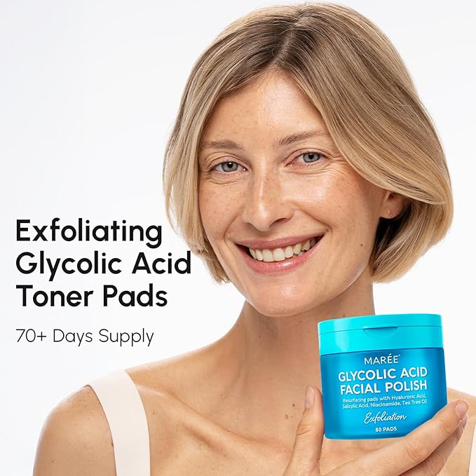MAREE Glycolic Acid Pads Ã¢ÂÂ Toner Pads for Face Cleansing Ã¢ÂÂ Exfoliating Pad with Tea Tree Oil, Salicylic Acid & Vitamins E, B3, B5 Ã¢ÂÂ Acne Clearing, Skin Pore Resurfacing & Radiance Device - 80 Count