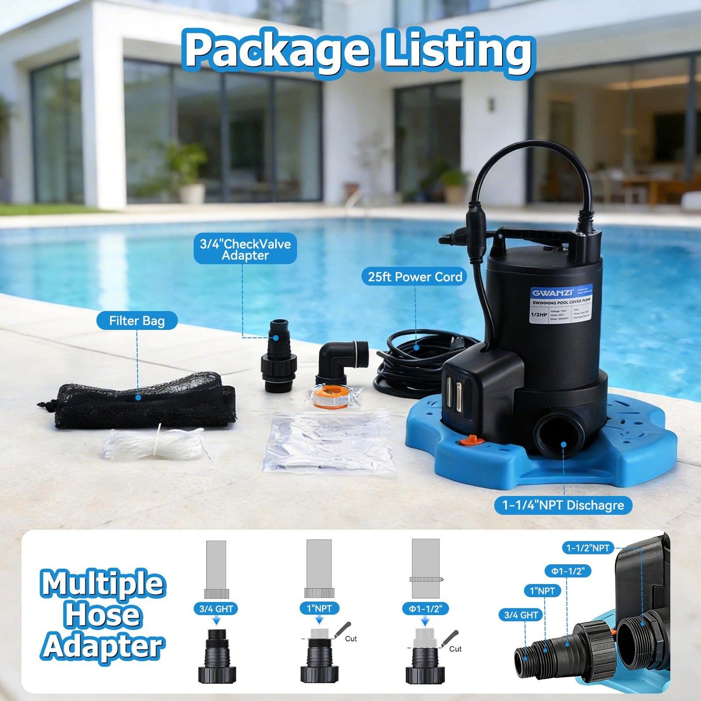 1/2HP Automatic Swimming Pool Cover Pump 3500GPH Submersible Water Pump with 3/4” Check Valve Adapter & 25ft Power Cord 110V Sump Pump for Swimming Pool Hot Tubs Pond Basement Rooftops