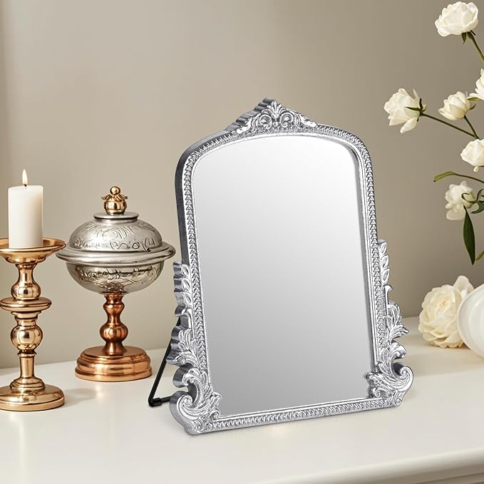 Vintage Makeup Mirror, Vanity Desk Mirror Antique Traditional Tabletop Mirrors, Standing, Hang or Wall Mounted, Adjustable Dress-up Mirrors, Silver Decor for Living Room,Bedroom