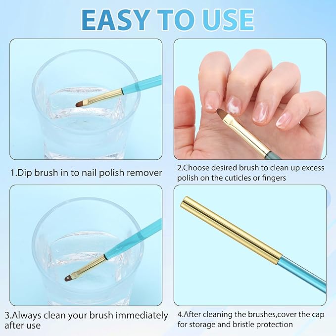 Metal Blue Nail Art Clean Up Brushes for Cleaning Polish Mistakes on the Cuticles, Acetone Resistant Nail Brush, Fingernail Cleaning Brushes for Nail Art and Designs (Round&flat&Bevel)