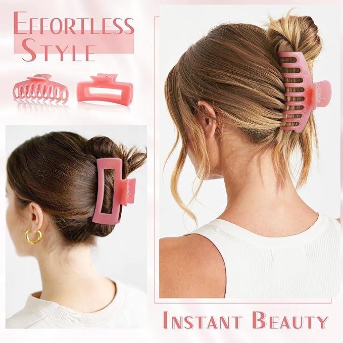 TOCESS Hair Claw Clips for Women Long Thin Hair, 8 Pack 4.33 Inch Big Matte Bright Jelly Pink Square Claw Clip Set, Non-Slip Strong Hold Lightweight Hair Clamps Solve Hair Falling Problem