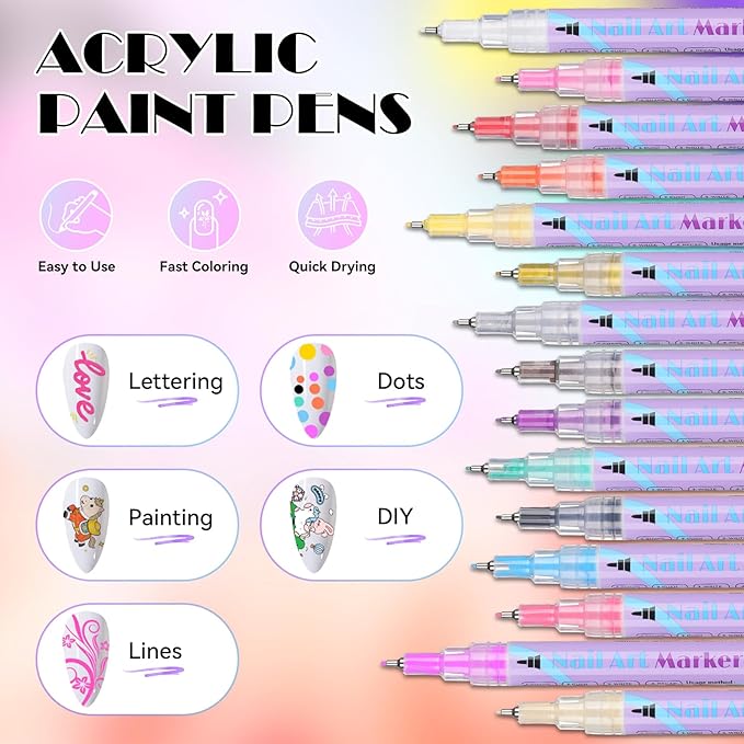 15 Colors Nail Art Pens Set, 2026 New Nail Art Markers for Gel Nails, DIY Nail Art Pens for Painting Nails, Quick-drying Nail for DIY Nails Art Design Manicure Tools TA640-15