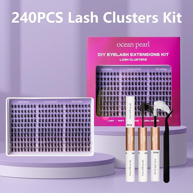 Ocean Pearl Lash Clusters Kit 240pcs,Eyelashes,spike-effect cluster lashes,10-18mm manga/anime-inspired lashes clusters,eyelash clusters,DIY Cluster Eyelash Extensions with lash bond+seal+tweezers-M33