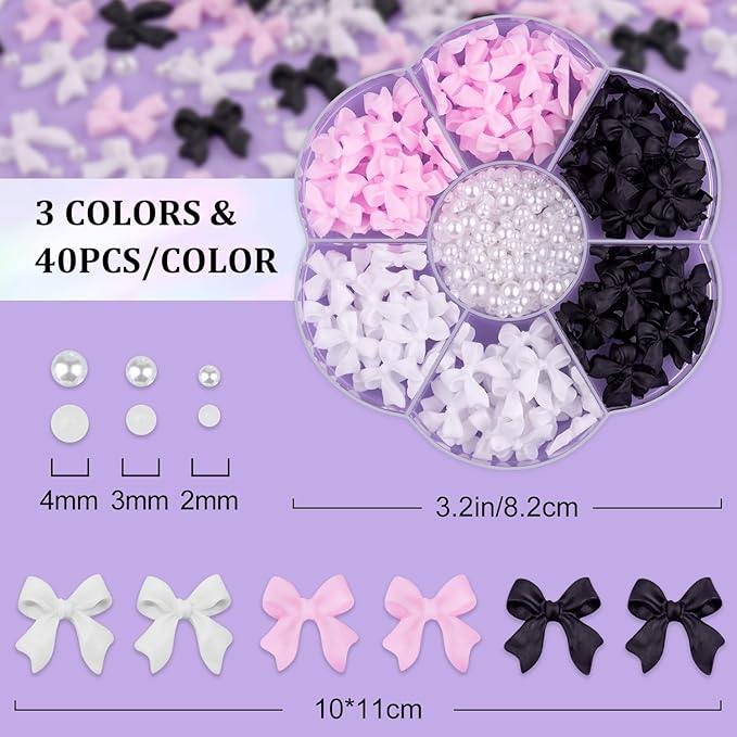 120pcs 3D Nail Bow Charms & Pearls Set - Pink, White, Black Bow Charms & White Flatback Pearls with Glue Gel (UV Needed) & Pickup Tools