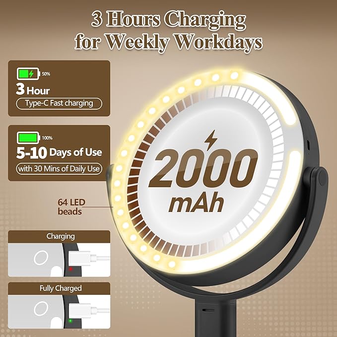 Makeup Mirror with Lights, Double Sided 1x/20x Magnifying Mirror with Light, Rechargeable 3 Color Lights and Adjustable Brightness, 360° Rotation Detachable Comes with Tweezer(Black)