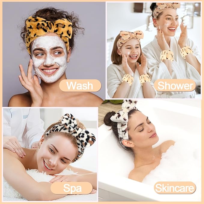 CAVETEE Spa Headband and Wristband Set, Spa & Makeup Fluffy Bow Headband Skincare Hair Band and Wristbands for Face Washing Shower & Yoga