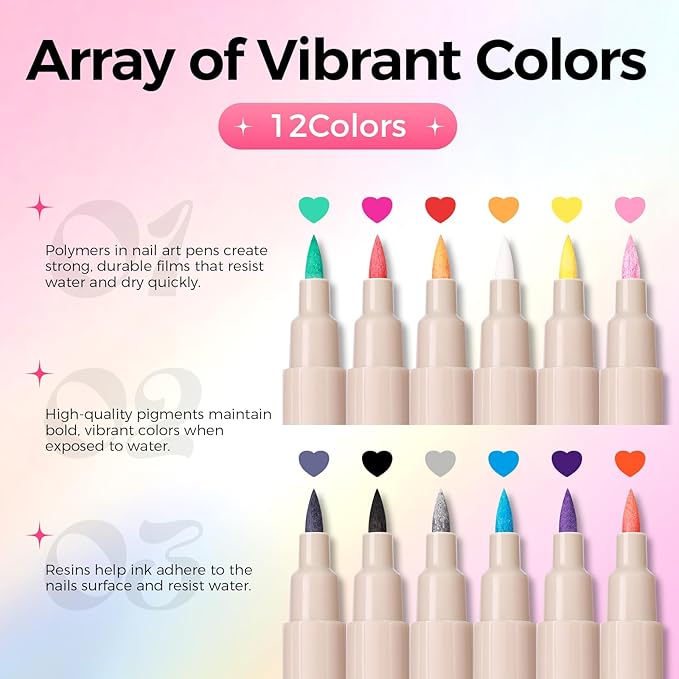 12 Colors Nail Art Pens Set, 3D Nail Polish Pens Quick-Drying Acrylic Paint Markers, Dotting Liner Brush for DIY Nail Design, Home & Salon Manicure Tools