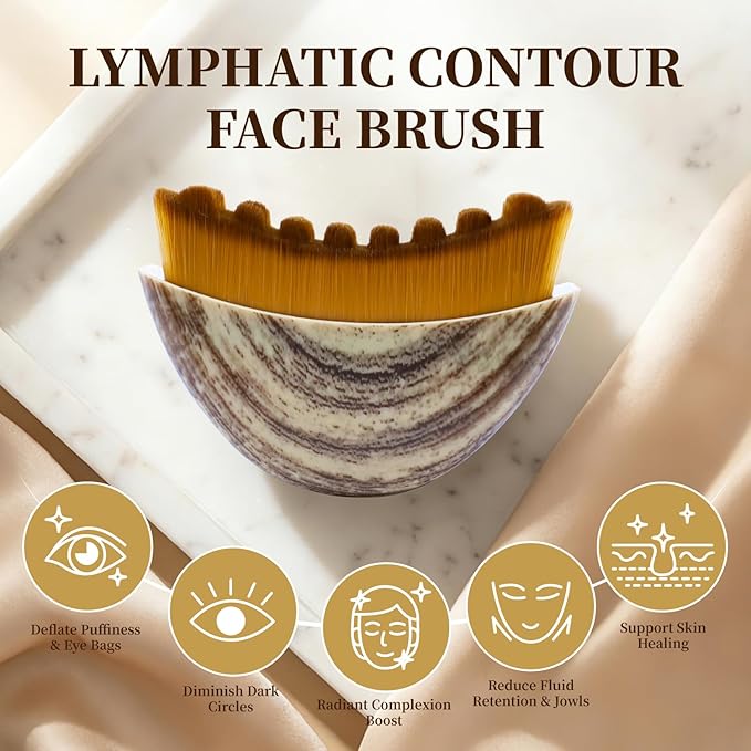 Lymphatic Contour Face Brush, Soft Bristle Drainage Massager for Jawline & Chin Sculpting, Reduce Puffiness & Lift Skin, Ergonomic Wood-Like Handle Dry Facial Brushes for Daily Lymphatic Drainage