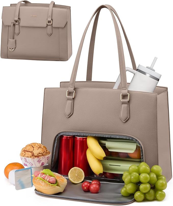 LOVEVOOK Lunch Tote Bag for Women, 15.6 Inch Laptop Work Bag with Insulated Lunch Compartment, Large Capacity Computer Handbag with Cup Holder for Business, Nurse, Teacher, Mommy