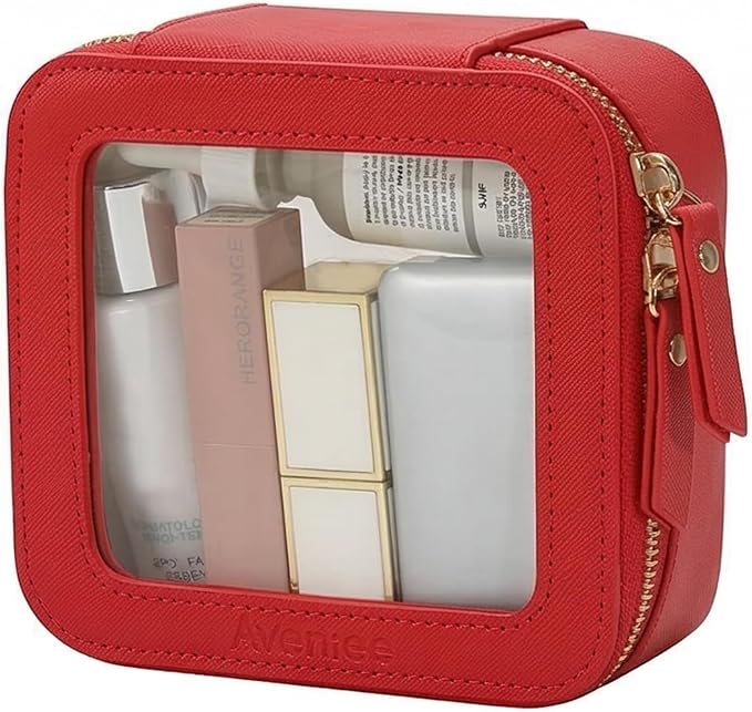 Aveniee Mini Clear Makeup Bag, Small Cosmetic Bags Travel Toiletry Pouch Organizer, TSA Approved Make up Case with Zipper, Car Bag for Essentials,Red