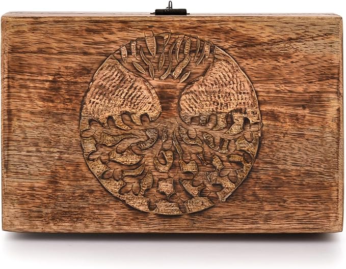 Samhita Handmade Mango Wood Tree of Life Engraving Beautifully Keepsake Box Jewellery Organiser Unique Gift Ideas for Men & Women (Flame Work Finish)