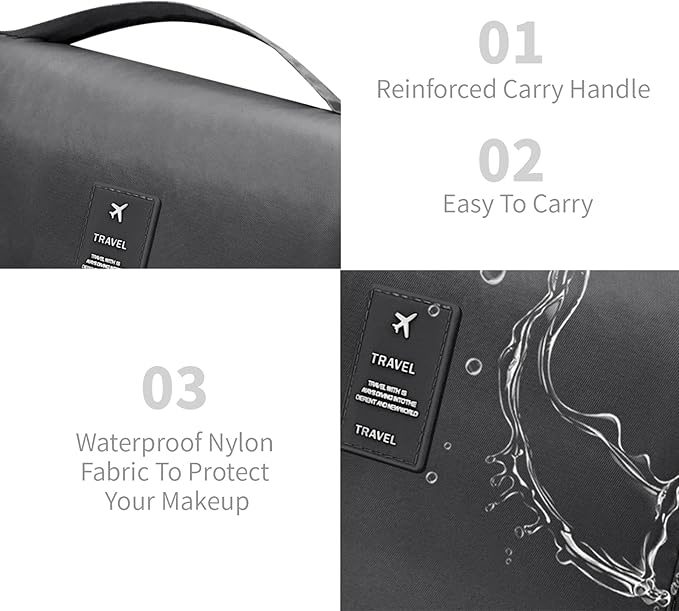 Large Capacity Travel Toiletry Bag with Hanging Hook for Men and Women Waterproof Travel Bathroom Storage Bag for Brushes Set,Mens Bathroom Bag Accessories-Black