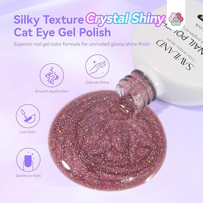 SAVILAND Color Artistry Cat Eye Gel Nail Polish 6 Colors: Crystal Shiny Gel Nail Polish Shimmer Glitter Rainbow Magnetic Glitter Cat Eye with Magnet Stick Soak Off U V Lamp Manicure Nail Art
