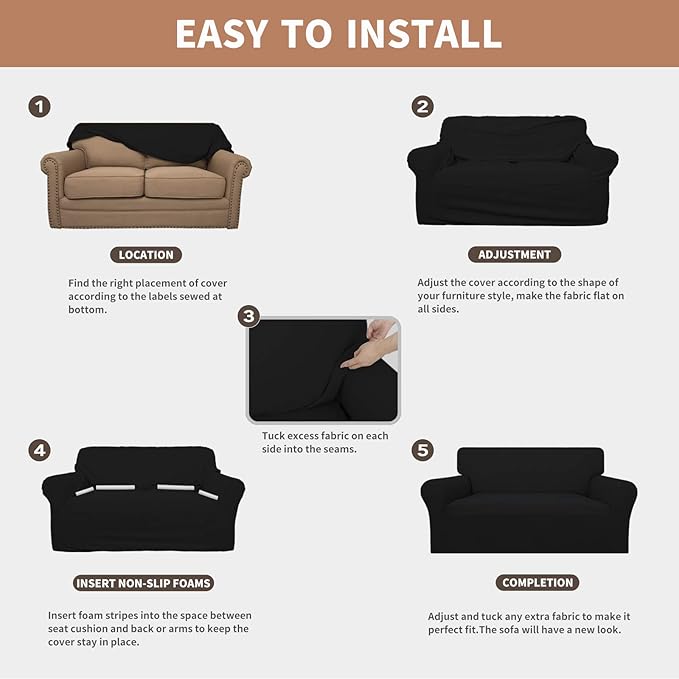 Easy-Going 100% Waterproof Oversized Loveseat Couch Cover, Dual Waterproof Sofa Cover, Stretch Jacquard Sofa Slipcover, Leakproof Furniture Protector for Kids, Pets, Dog and Cat, Black