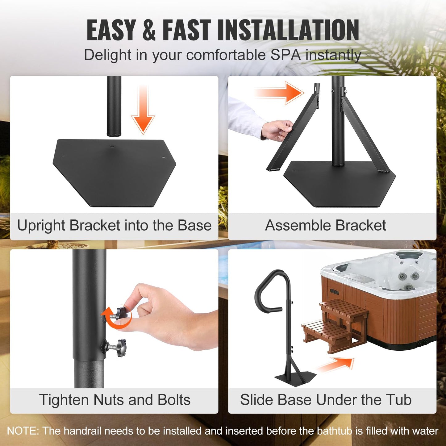 VEVOR Hot Tub Handrail, 360 Rotatable Spa Side Handrail with 48"-63" Adjustable Height, Rust-Proof Aluminum Spa Hot Tub Hand Rail with Slide-Under Mount Base for Indoor & Outdoor, 600LBS Capacity