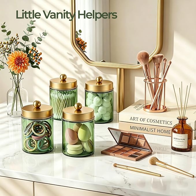 Amolliar 4 Pack Apothecary Jars Bathroom Vanity Storage Organizer Set -Countertop Canister with Stainless Steel Lids &Stickers Qtip Dispenser Holder for Cotton Swab (Green-golden Lid)