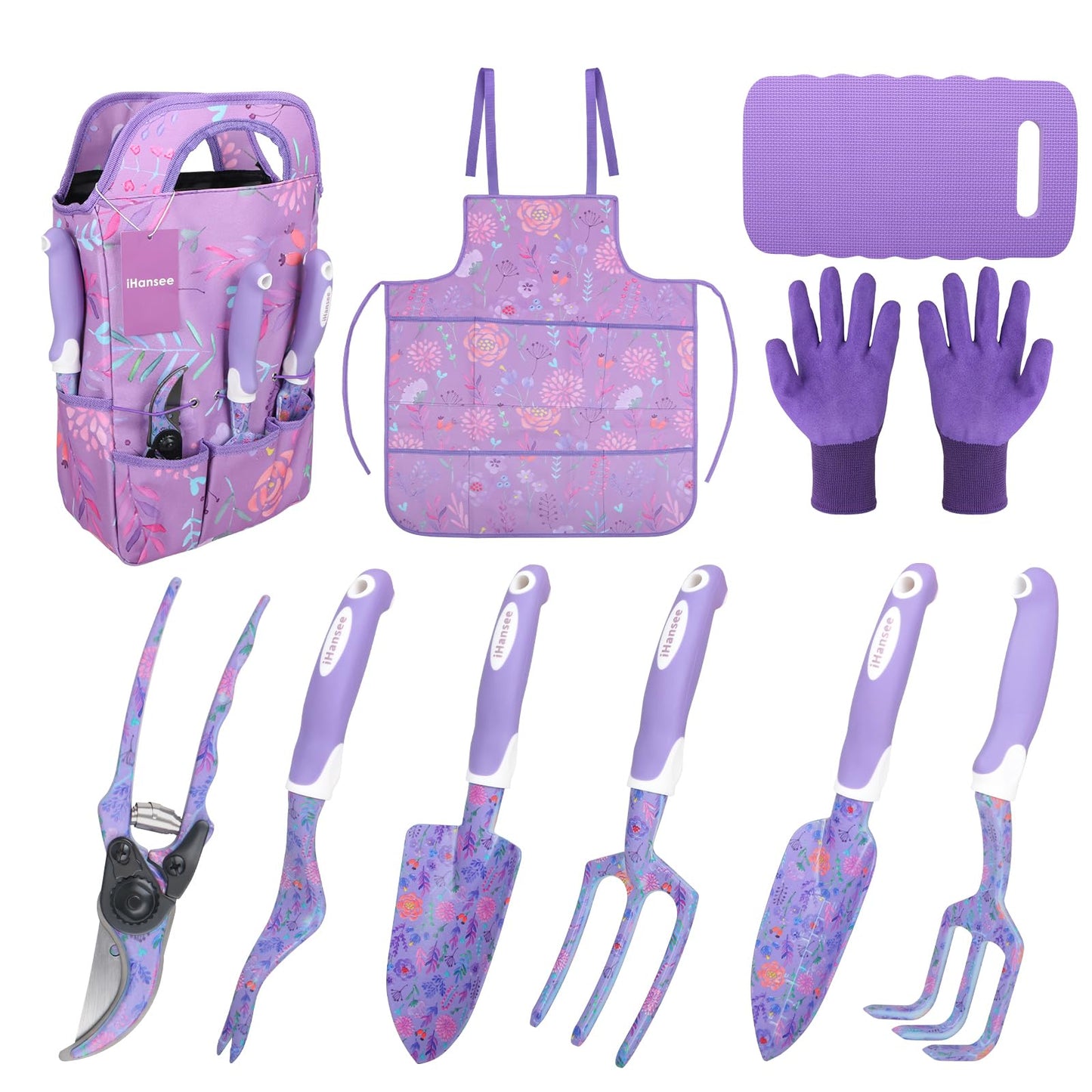 iHansee Purple Garden Tool Sets 10-Piece, Aluminum Alloy Steel Hand Tools w/Non-Slip Ergonomic Handle, Floral Print Garden Supplies Organizer Handbag, Cute Gardening Tools Gift for Women Grandmother