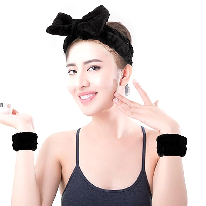 AOPRIE SPA Headbands for Washing Face Makeup Headbands with Bow Hair Band Women Facial Head Band Wrist Towel Wraps For Shower Face Mask Black 2 Style Black, 6 Pack