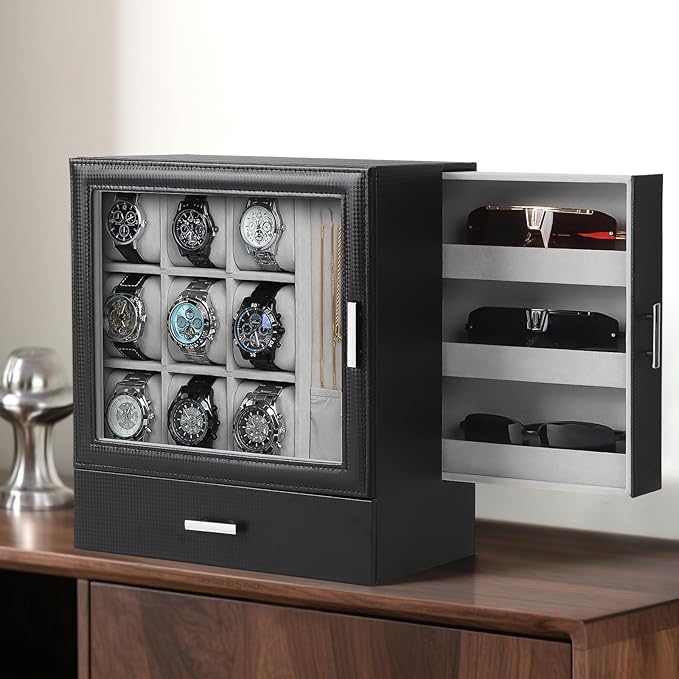 9-Slot Watch Display Case with Necklace Display, High End Men Jewelry Box w/ Drawer, Standing Watch Box for Men w/ Clear Lid, Watch Case for Sunglasses, Vertical Storage, Space Saving, Ideal Gift
