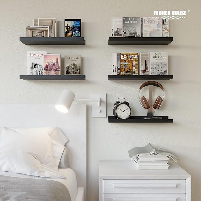 RICHER HOUSE 5 Set Floating Wall Mounted Shelves, Black Shelves for Wall Decor, Modern Picture Ledge Shelf with Lip for Storage, Nursery, Bedroom, Living Room, Bathroom - Black