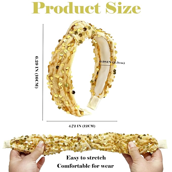 Christmas Knotted Headbands for Women Girls Non Slip Toddler Girl Sequin Headbands Wide Top Knot Head Bands Velvet Hairbands Fashion Hair Accessories for Girl (Red & Gold, 2Pcs)