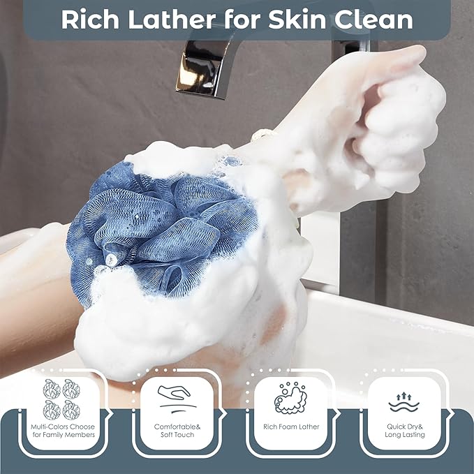 Rnoafmu Shower Loofah Bath Sponge, 60G Loofah Exfoliating Body Scrubber, 4 Color Mesh Shower Pouf Balls for Body Wash (Blue Gray Green Dark Green)