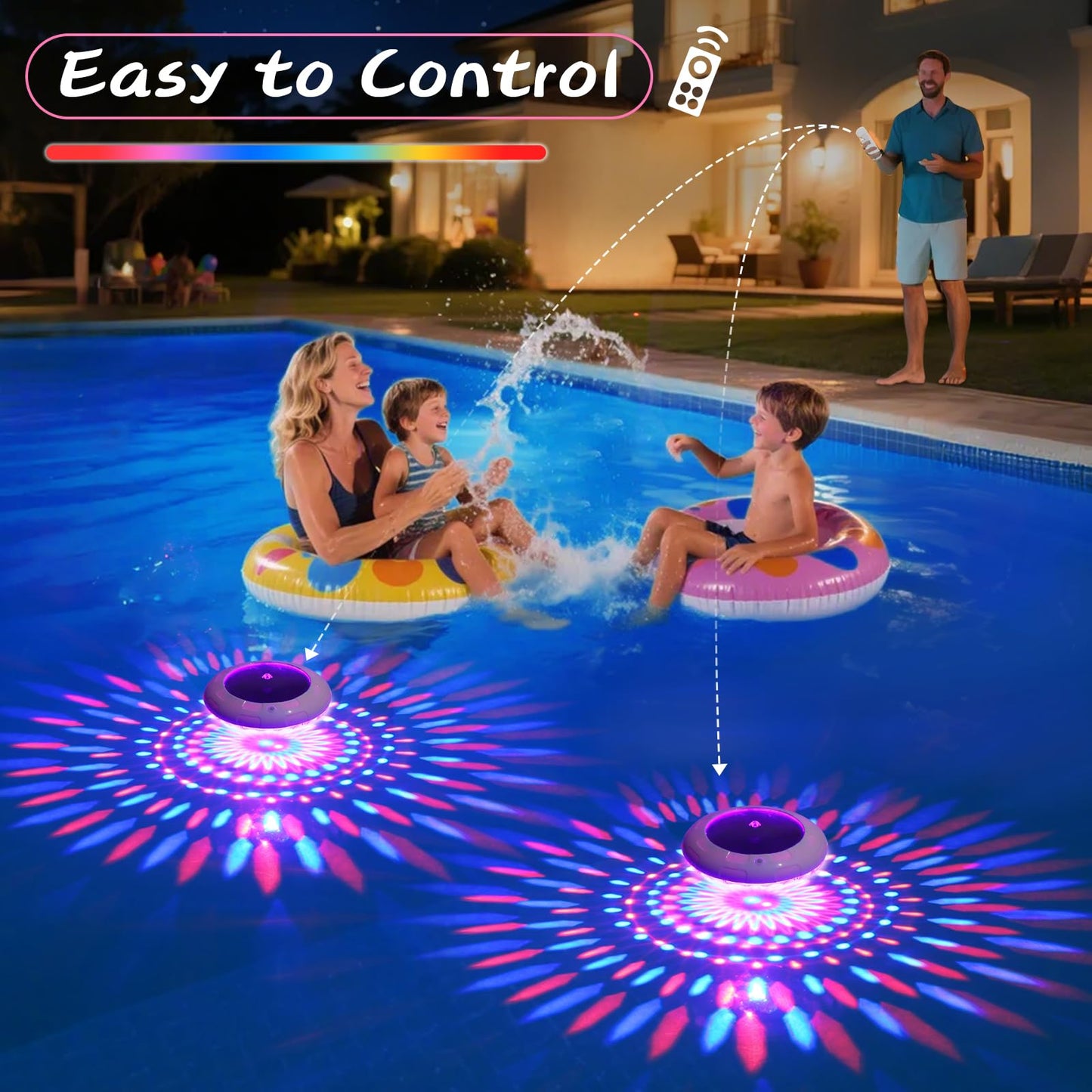 Cootway Floating Pool Lights w/Remote, 6.5 Inch RGB Solar Pool Lights that Float with 9 Dynamic Lighting, IP68 Waterproof Pool Floating Light, Hangable Solar Floating Light for Pools Party Garden(2)