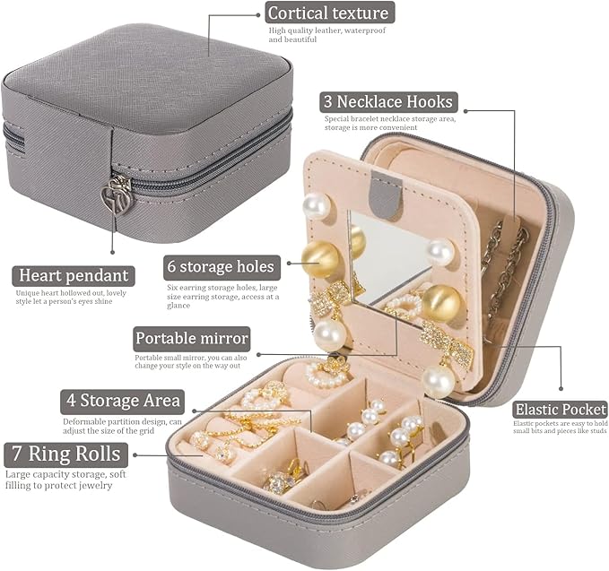 KElofoN 5 packTravel jewelry case Travel jewelry box Travel Jewelry Organizer Small Jewelry Organizer Box for Girls Women with Mirror (Grey-5)