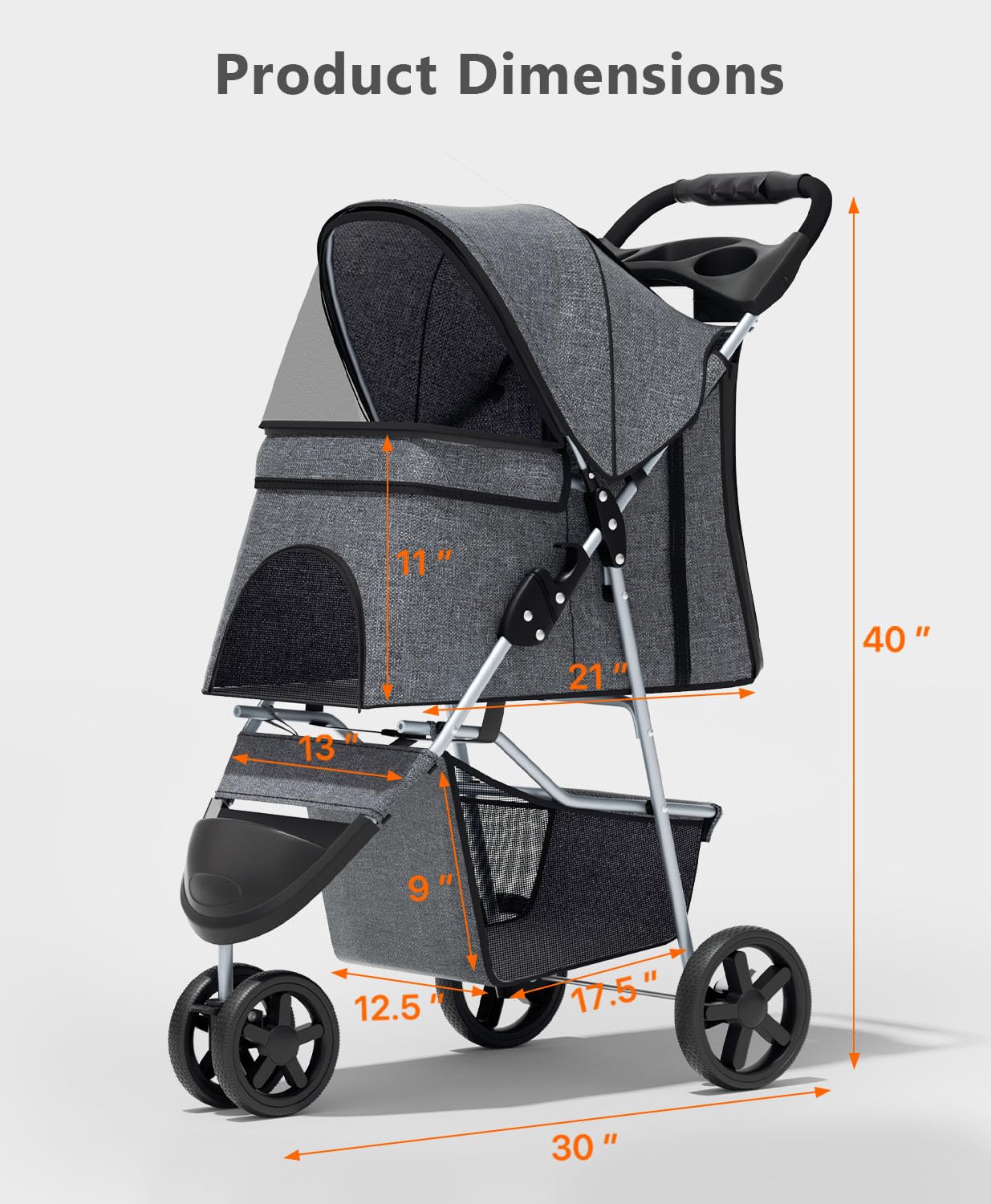 OS MOTOR Pet Stroller with 3 Wheels for Small/Medium Pets, Portable Travel Foldable Carrier Jogger for Dog Cat Puppy Kitty, Rear Wheel Breaks, Storage Basket, Visible Mesh with Weather Cover (Gray)