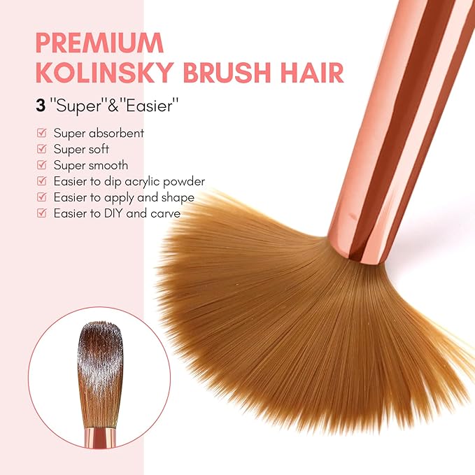 SAVILAND 3PCS Acrylic Nail Brush Set: Size 8/10/14 Kolinsky Acrylic Nail Brushes for Application, Pink Handle Professional Acrylics Powder Brushes for Nails Extension & 3D Nails Carving