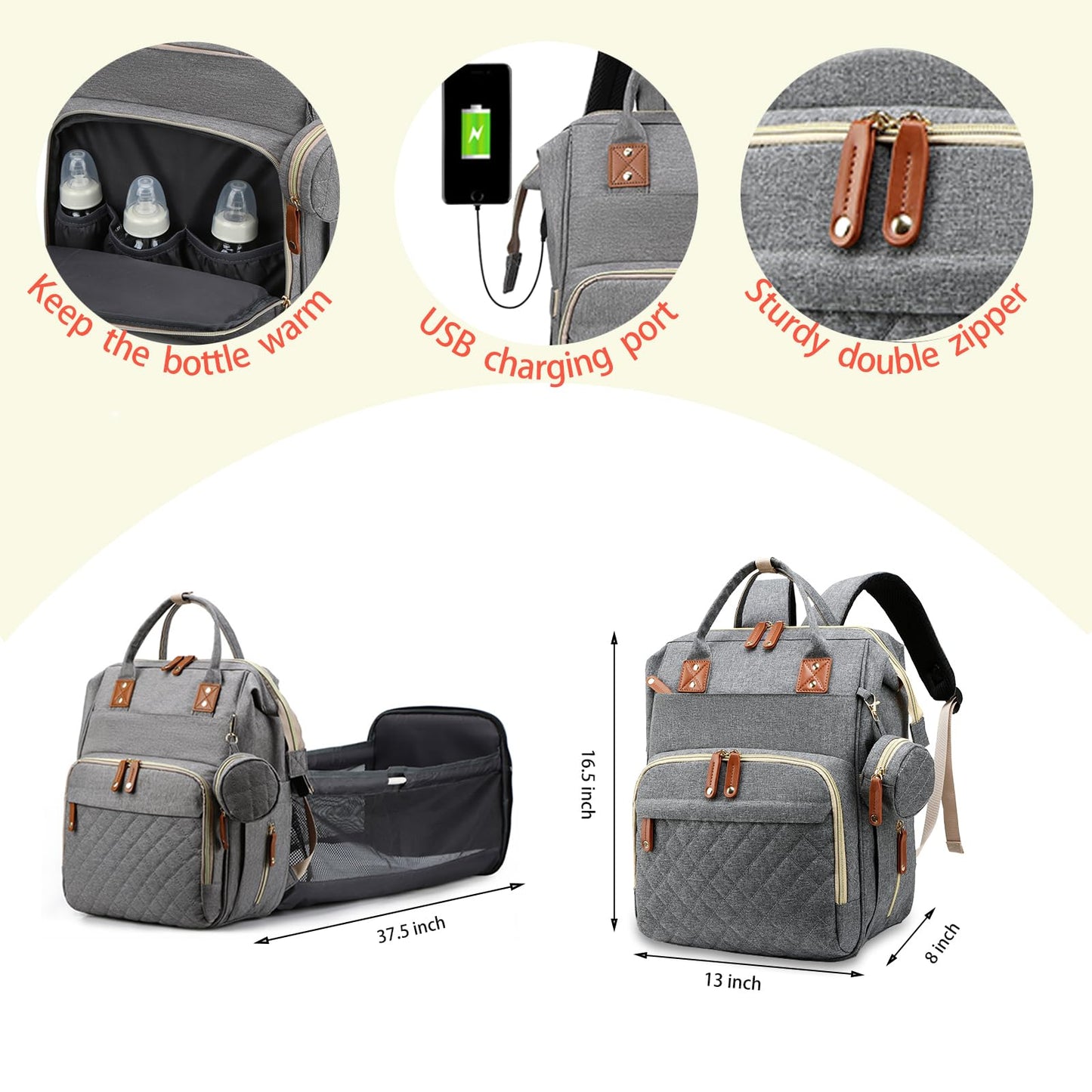 Lamroro Diaper Bag with Changing Station, Waterproof 3 in 1 Baby Diaper Backpack with Foldable Changing Pad, Large Travel Back Pack for Baby Girl Boy, Grey