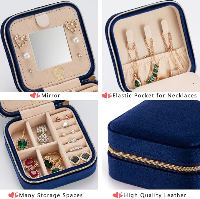 Plush Velvet Travel Jewelry Case,Mini Jewelry Box,Small Jewelry Organizer Portable Display Jewelry Storage Case, for Girls Women (NavyBlue-With Mirror)