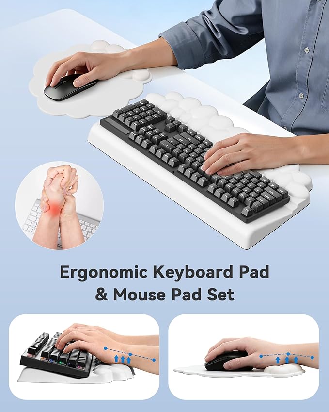 Laborio Cloud Wrist Rest for Keyboard and Mouse for Desktop, PU Leather Cloud Computer Keyboard Stand with Mouse Pad, Key Board Wrist Support Riser, Angle Adjustable Arm Rest(White)