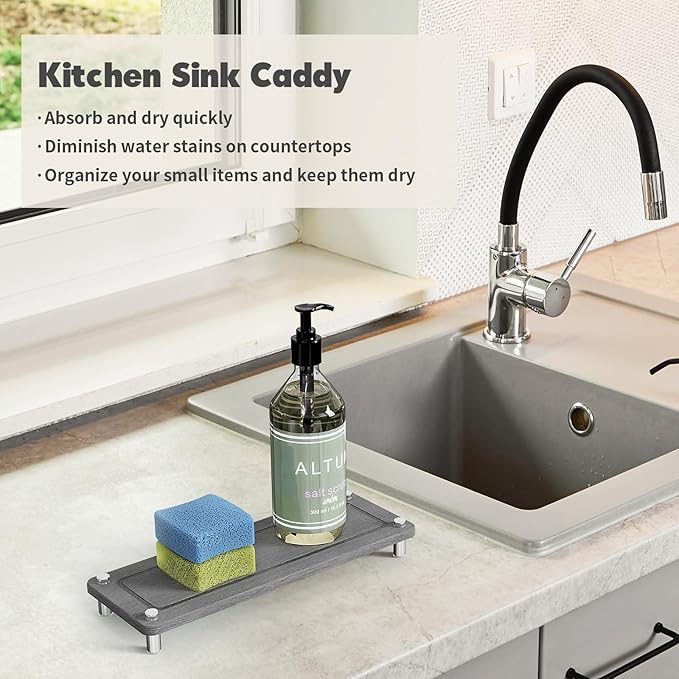 Kitchen Sink Caddy Water Absorbing Stone Tray For Sink, Diatomite Bathroom Countertop Tray Organizer, Faucet Stone Drying Mat Coaster Soap Dish Sponge Dispenser Holder (Grey)