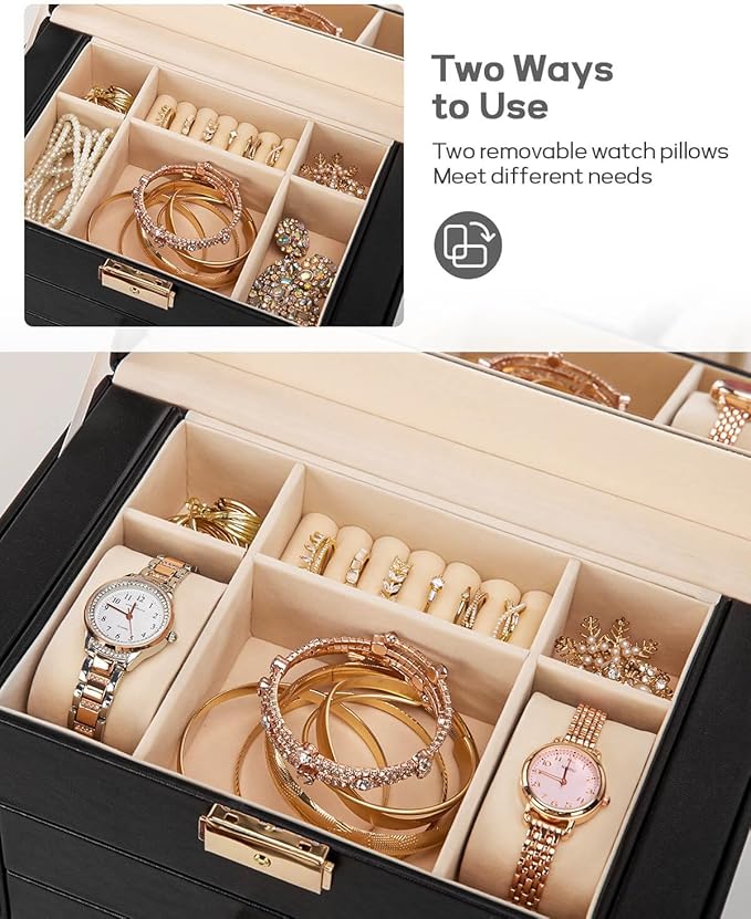 Homde Synthetic Leather Huge Jewelry Box Mirrored Watch Organizer Necklace Ring Earring Storage Lockable Gift Case (Black + Gold)