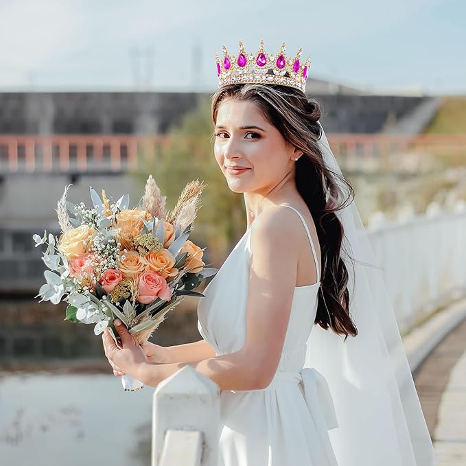 Hot Pink Queen Crown for Women Crystal Tiara for Women Rhinestone Wedding Headband for Bride Hair Accessories for Costume Birthday Party Prom Gifts