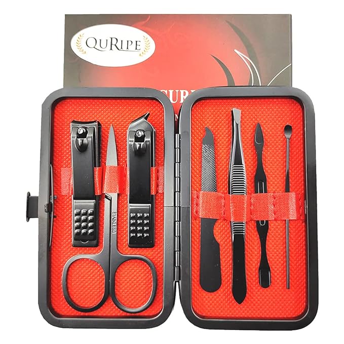 QURIPE 7pcs Manicure Set, Nail Clippers Kit, Stainless Steel Manicure Kit, Nail Clipping Tools Portable Travel Grooming Kit, The Best Gift with Luxurious Case (Black-7)
