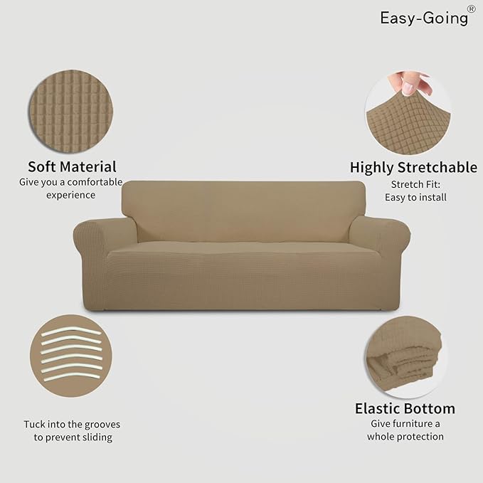 Easy-Going Stretch 4 Seater Sofa Slipcover 1-Piece Sofa Cover Furniture Protector Couch Soft with Elastic Bottom for Kids, Polyester Spandex Jacquard Fabric Small Checks Tan