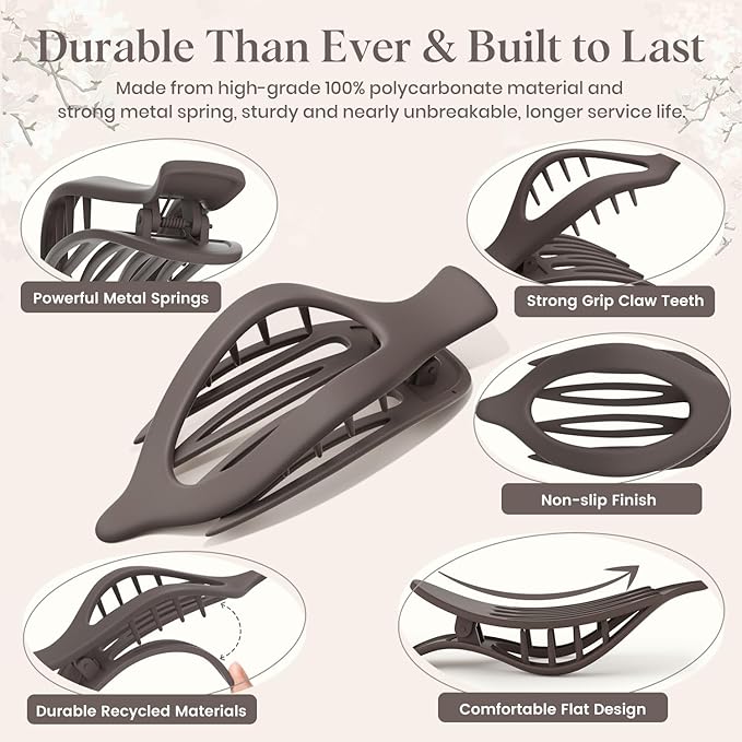 6 PCS Large Flat Hair Clips for Women Girls, French Concord Lay Down Flat Claw Clips for Thick Thin Hair, Comfortable Curved Hair Clip, Matte Non-slip Strong Hold Hair Accessories, Brown