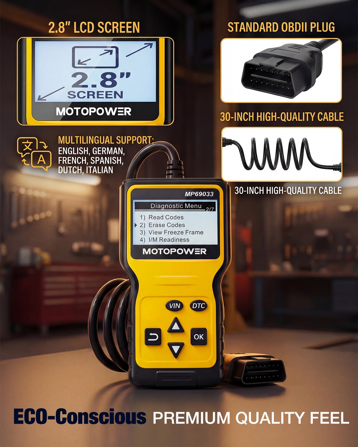 MOTOPOWER MP69033 Car OBD2 Scanner Code Reader Engine Fault Scanner CAN Diagnostic Scan Tool for All OBD II Protocol Cars Since 1996, Yellow