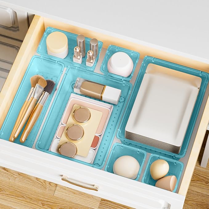 SpaceHacks 15 PCS Clear Plastic Drawer Organizer Set, 4-Size Acrylic Drawer Storage Trays, Storage Bins for Makeup, Gadgets, and Jewelry in Bathroom, Bedroom and Office, Clear Sea Blue