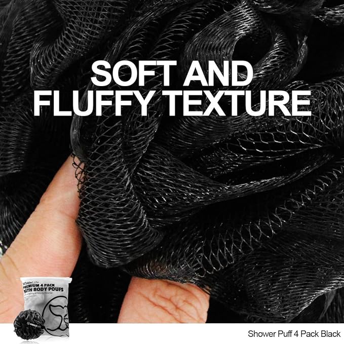 WhaleLife Loofah Bath Sponges - Black Gentle Exfoliating Shower Loofah for Rich Lather, Durable Mesh Body Scrubber for Men & Women 4 Pack