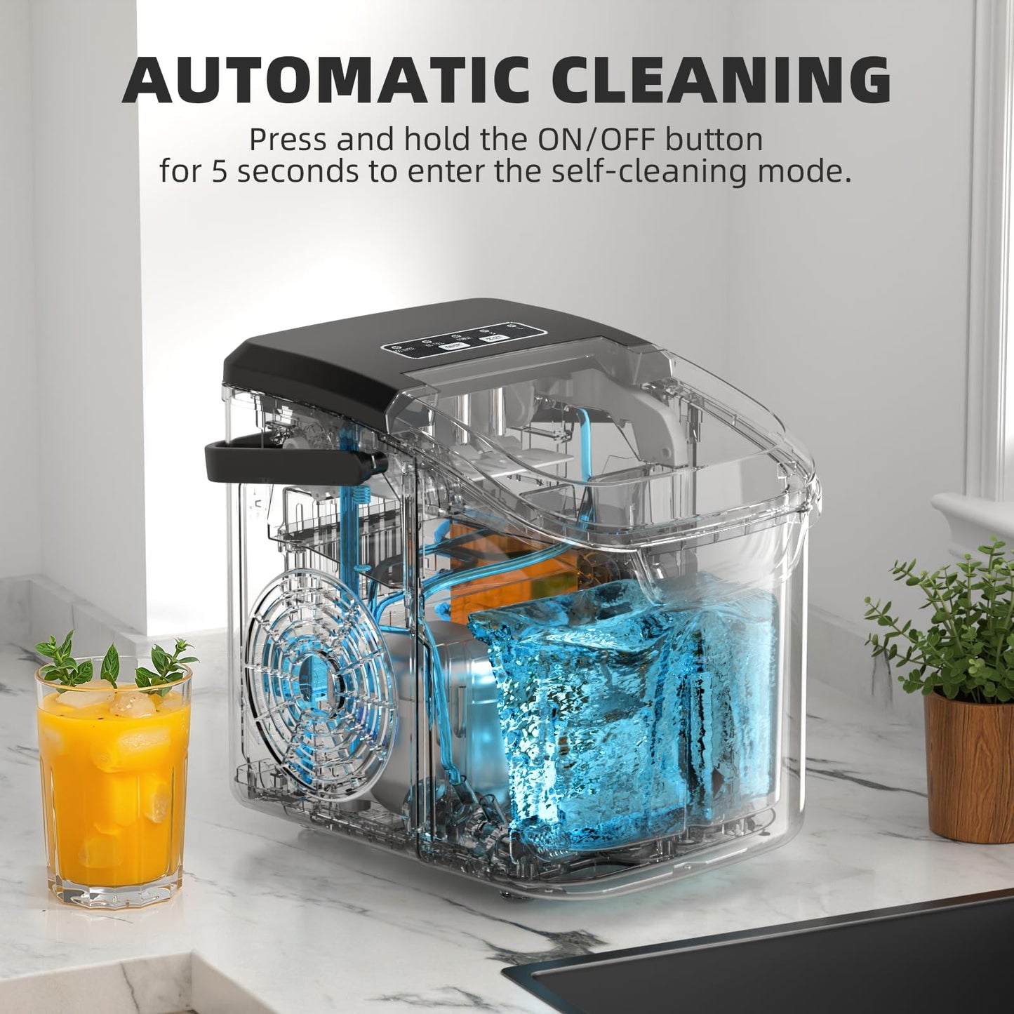 Antarctic Star Countertop Ice Maker Machine, 8 Cubes in 6 Mins, 26.5 lbs/Day, Self-Cleaning, 2 Sizes, Ultra-Quiet for Home/Kitchen/Camping/RV Black