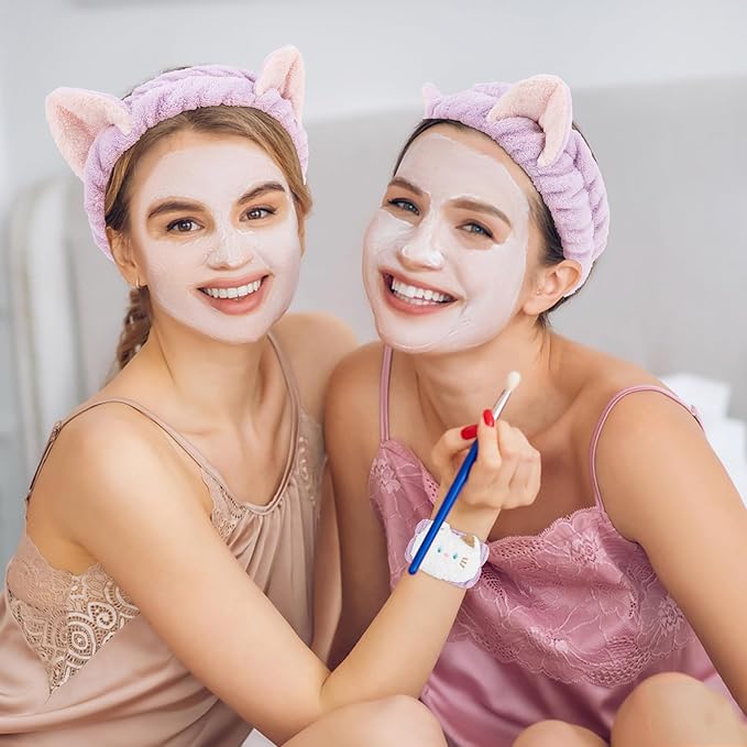 WHAVEL 3PCS Spa Headband and Wristband Set, Cute Cat Ears Headband for Washing Face Makeup, Face Wash Wrist Bands (Purple)