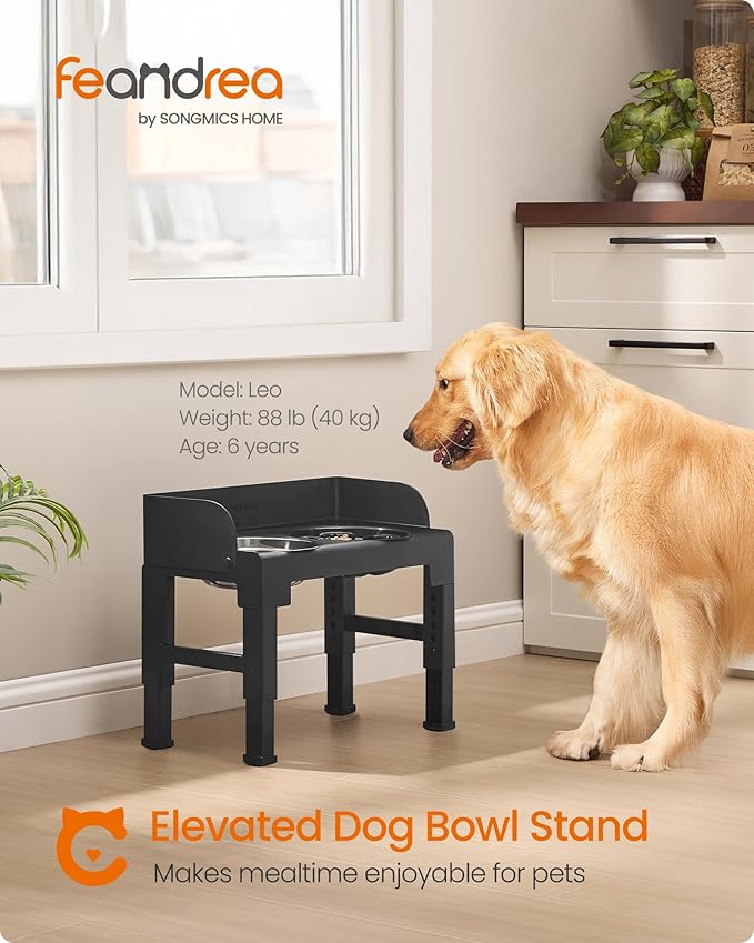 Feandrea Dog Bowls Elevated, Raised Stand with 1 Slow Feeder and Two 304 Stainless Steel Bowls, Adjustable Height and Tilted Design, Ink Black UPRB103B01