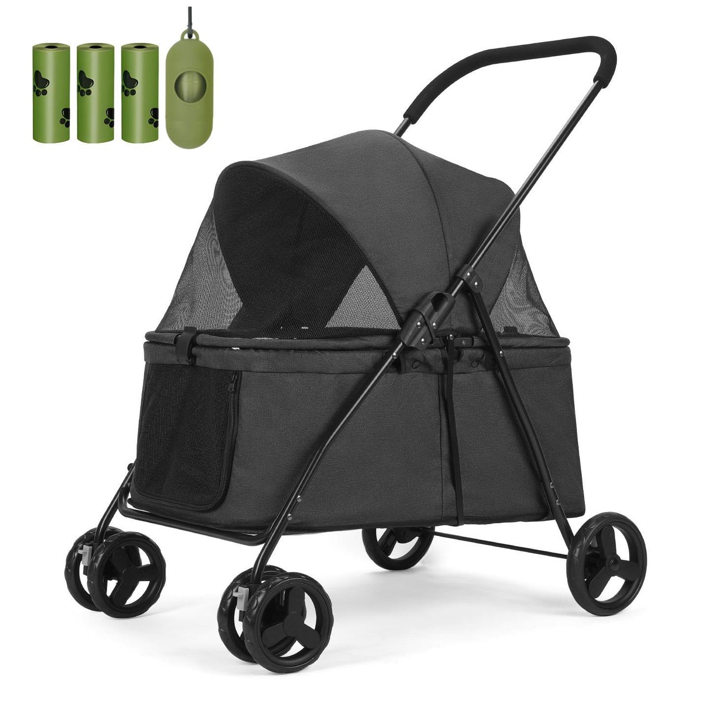 20% Larger Capacity, Wedyvko Dog Stroller for Medium/Small Pets w/Dog Poop Bags & Dispenser, Storage Pouch, Zipperless, Entry in/Out Easy (Black)