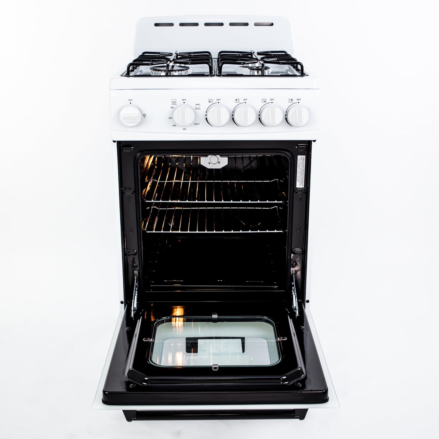 Avanti Gas Range Oven, Compact Freestanding Design, 4 Sealed Burners with Electronic Ignition, 2.1 Cu.Ft. Capacity Features Framed Glass Door Storage Drawer Broiler and Accessories, 20-Inch, White