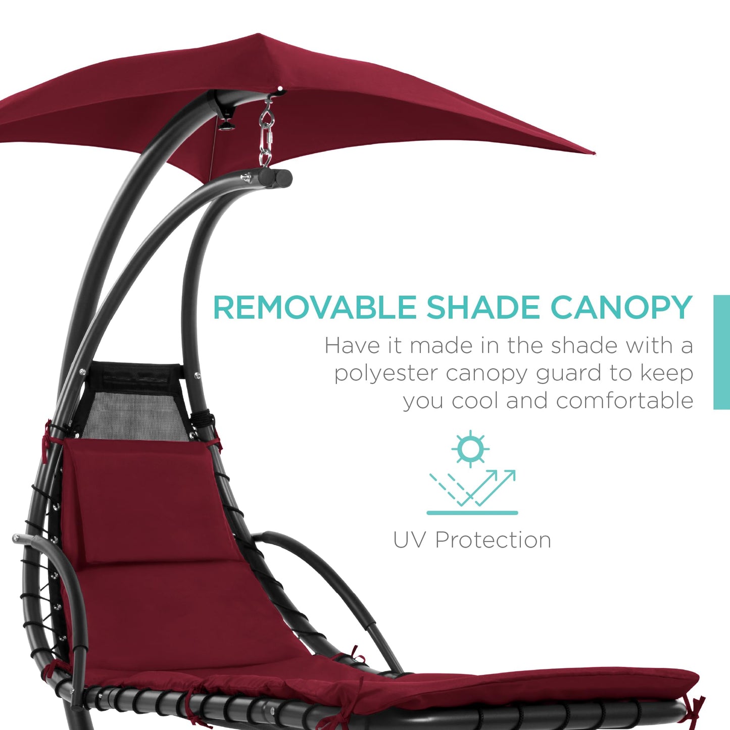 Best Choice Products Outdoor Hanging Curved Steel Chaise Lounge Chair Swing w/Built-in Pillow and Removable Canopy - Burgundy