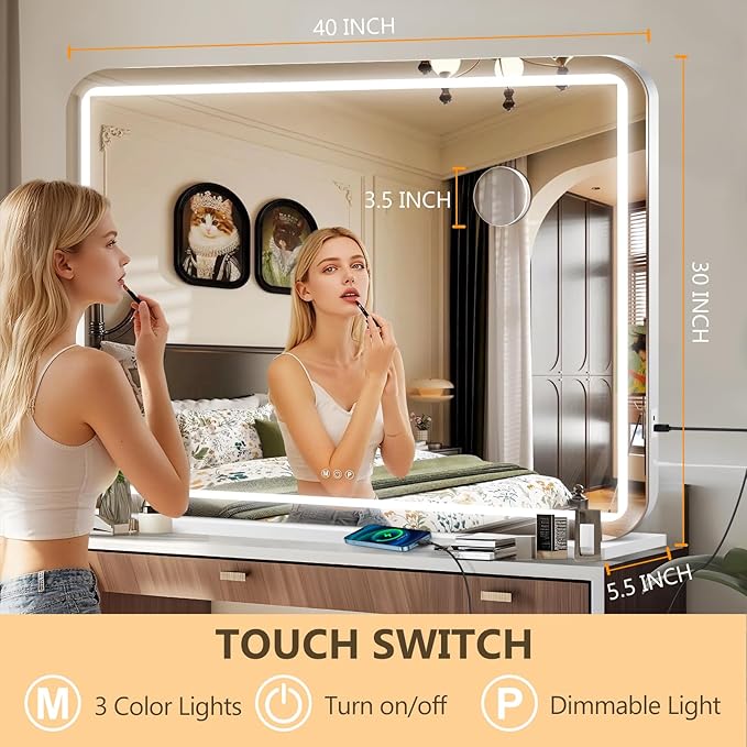 40" x 30" Vanity Mirror with Lights, Led Makeup Mirror, Lighted Makeup Mirror with 3 Color Dimmable Lights, Smart Touch Screen Control, Aluminum Metal Frame,USB Charging Port